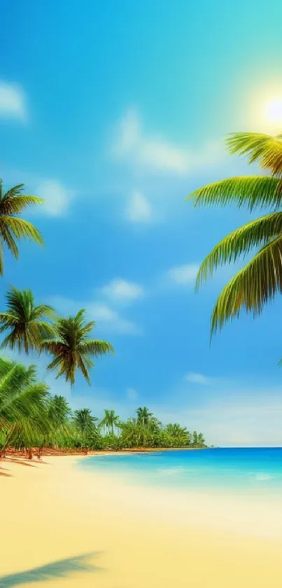 Tropical beach wallpaper with palm trees, blue sky, and ocean view.