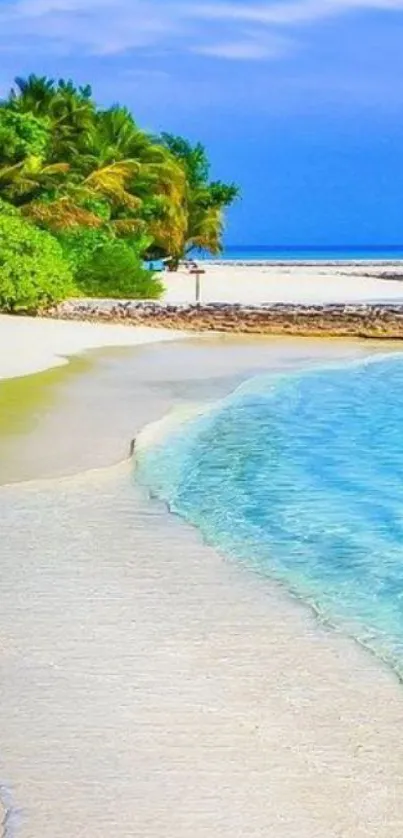 Tropical beach with blue water and white sandy shore on a sunny day.