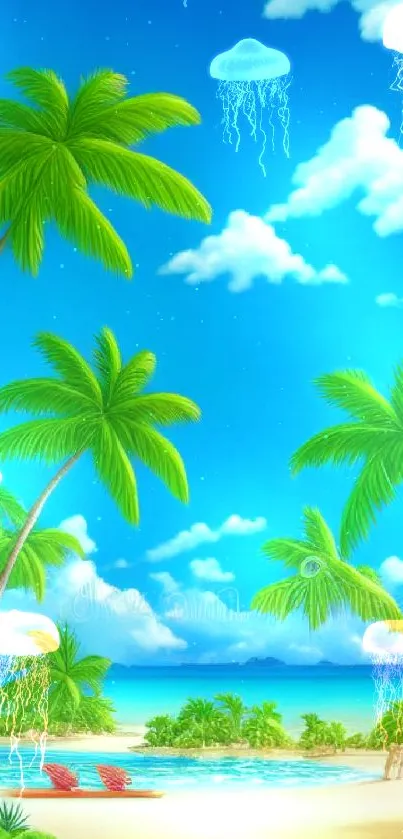 Vibrant tropical beach with palm trees and blue sky.