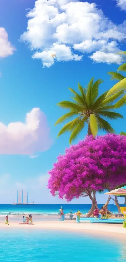 Tropical beach wallpaper with blue ocean and colorful trees.