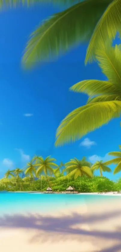 Tropical beach with palm trees and blue sky mobile wallpaper.