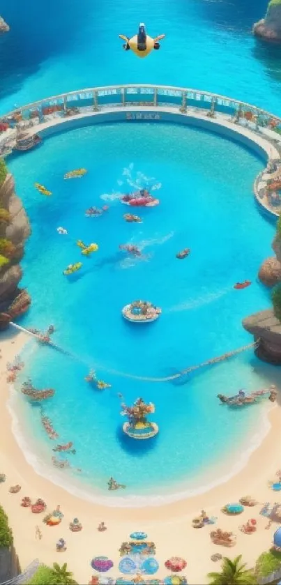 Lush tropical beach with turquoise waters and colorful surroundings.