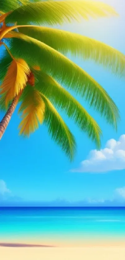 Vibrant tropical beach with palm trees and blue ocean under clear sky.