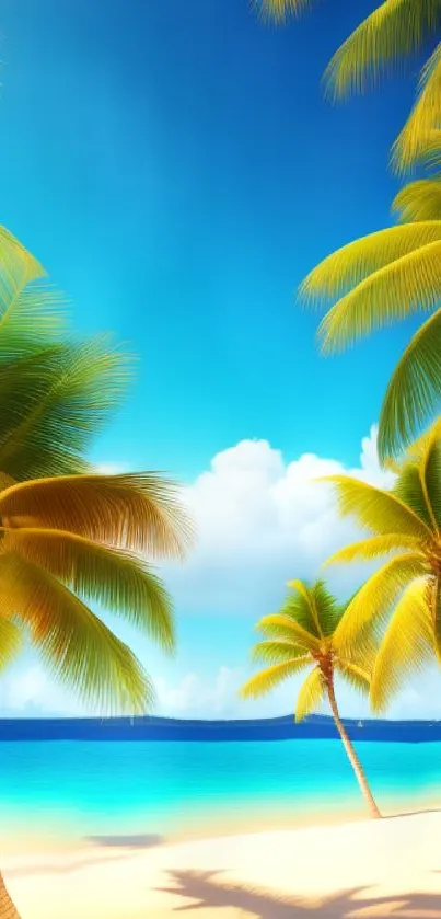 Tropical beach with palm trees and blue sky in a serene mobile wallpaper.