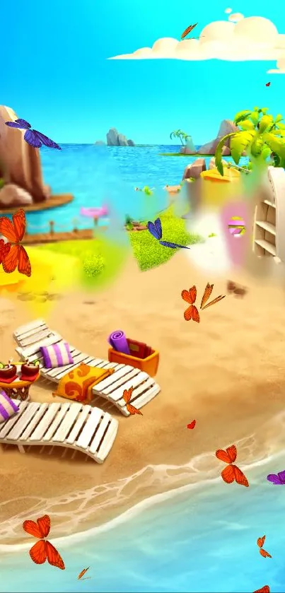 Colorful tropical beach with butterflies.