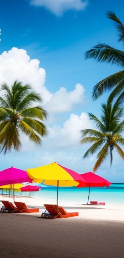 Tropical beach with palm trees and bright umbrellas.