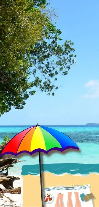 Tropical beach with a colorful umbrella and blue ocean on a sunny day.