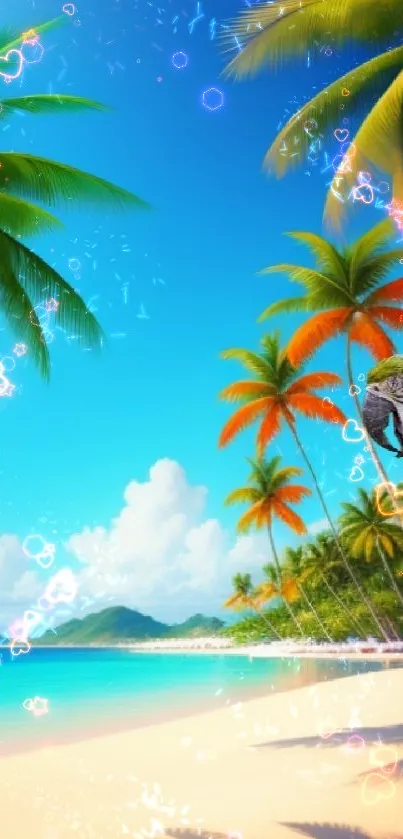 Tropical beach with palm trees under a vibrant blue sky.