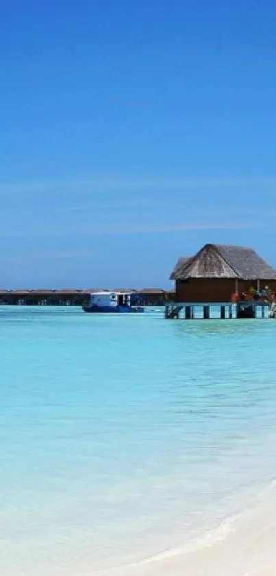 Woman walks along tropical beach with turquoise waters and blue sky in paradise.