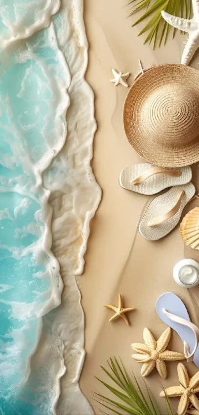 Beach wallpaper with waves, hat, and shells.