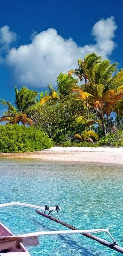 Serene tropical beach with azure waters, palm trees, and clear skies.