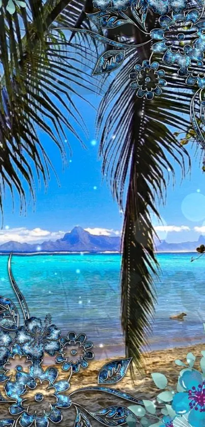 Tropical beach with palm trees over turquoise water and sandy shores.