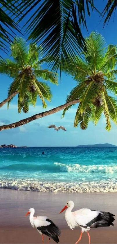 Tropical beach with palm trees and ocean in serene scene.