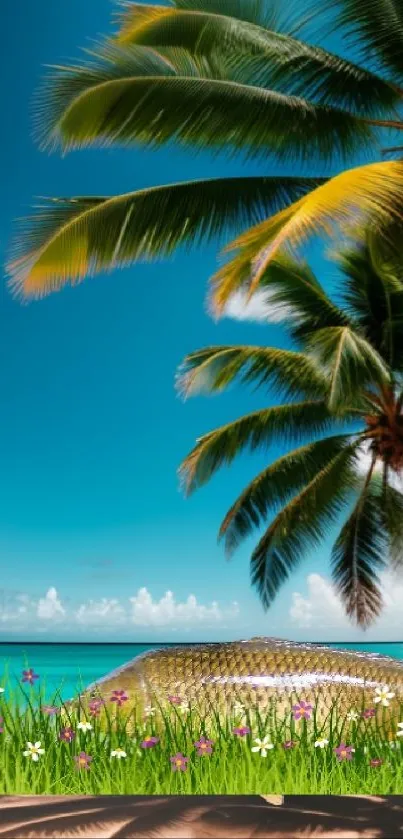 Tropical beach wallpaper with palm trees and clear blue sky.