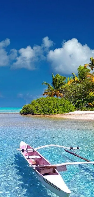 Tropical beach with palm trees and clear blue water under a bright sky.