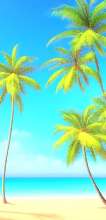 Tropical beach wallpaper with blue sky and palm trees.