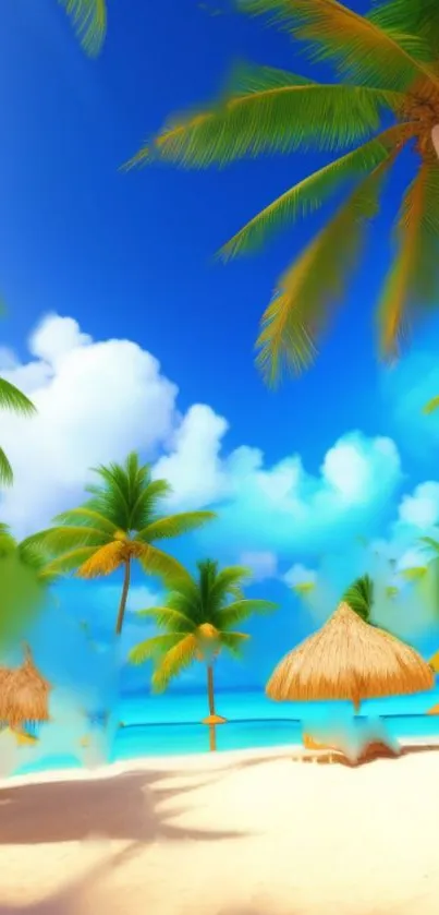 Tropical beach scene with palm trees and clear blue sky.