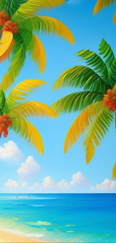 Vibrant tropical beach wallpaper with palm trees and blue skies.