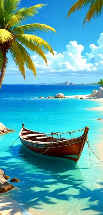 Tropical beach with boat, blue waters and palm trees in vibrant sunlight.