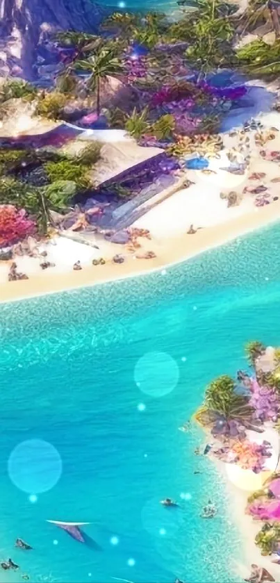 A vibrant tropical beach with turquoise waters and lush greenery.