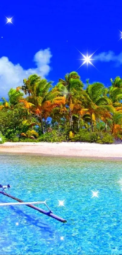 Tropical island with clear blue water and a boat, perfect summer scenery.