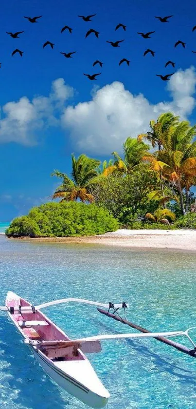 Tropical beach with boat and palm trees under blue sky.