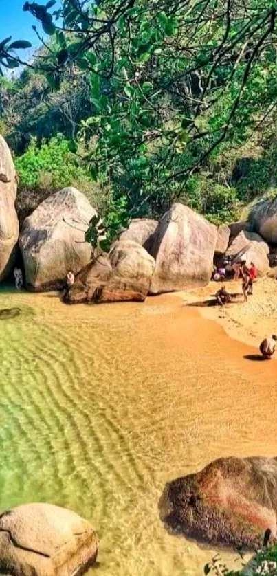 Captivating tropical beach scene with lush greenery and clear waters.