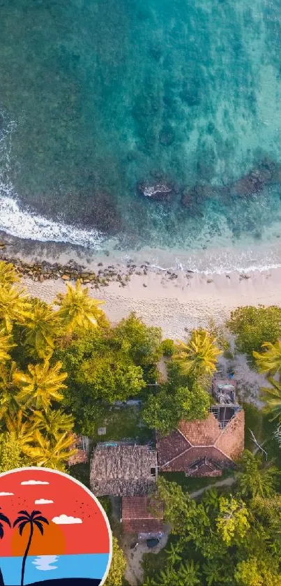 Aerial view of a tropical beach with turquoise waters and lush green vegetation.