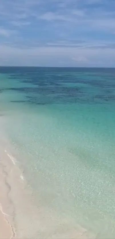 Tropical beach with turquoise waters and sandy shore.