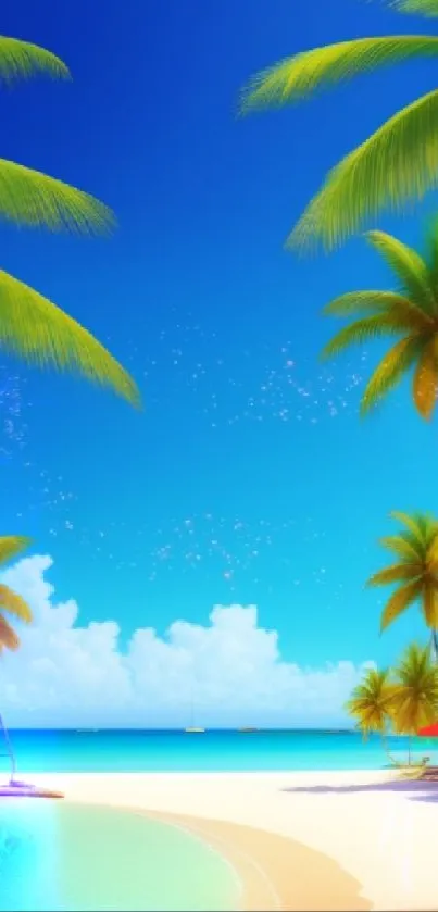 Tropical beach with palm trees and blue skies, ideal for summer vibes.