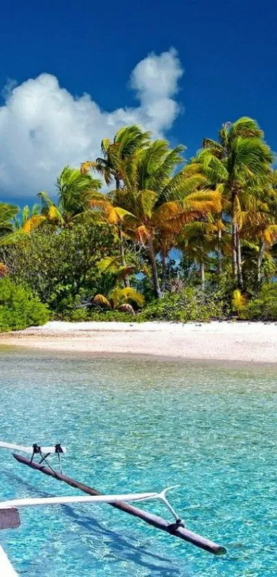 Tropical beach wallpaper with palms, white sand, and vivid blue sky.