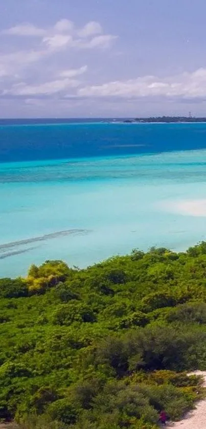 Tropical beach with turquoise waters and lush greenery.