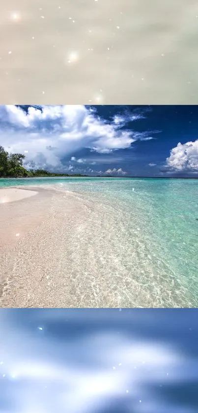 Serene tropical beach with blue sky and clear water wallpaper.