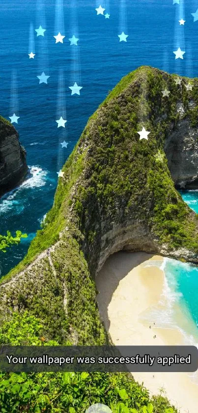 Aerial view of a tropical beach with ocean waves and lush greenery.