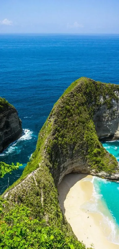 Stunning tropical beach with turquoise waters and lush green cliffs.