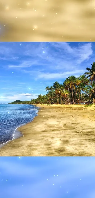 Tropical beach with palm trees under a blue sky, perfect for a serene wallpaper.