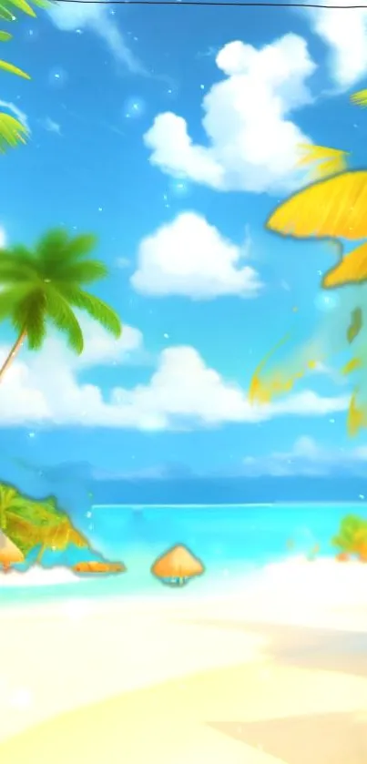 Tropical beach scene with palm trees and bright blue ocean.