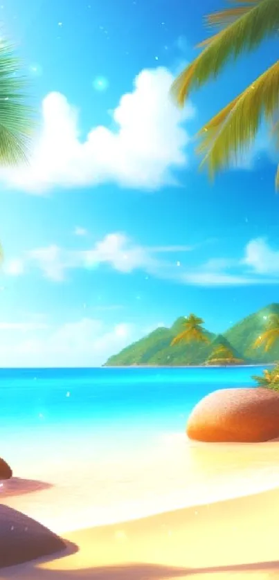 Tropical beach scene with clear blue water and palm trees.