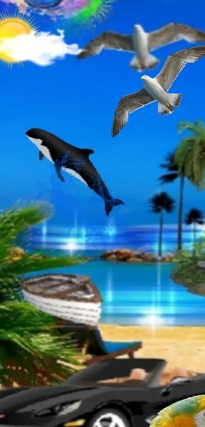 Colorful tropical beach wallpaper with ocean and wildlife.