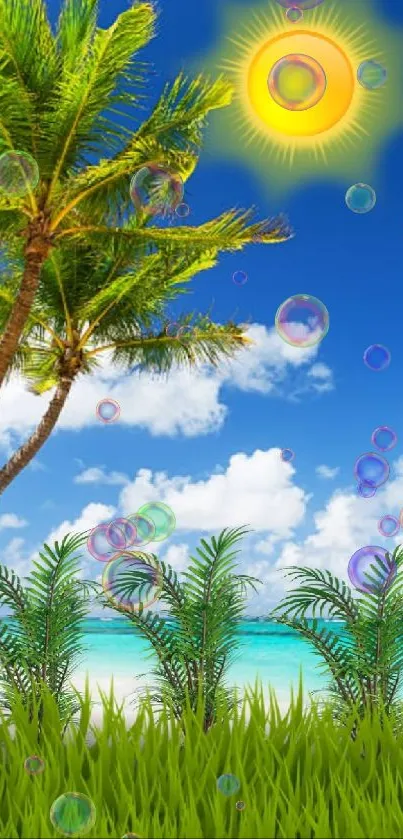 Tropical beach with palm trees and sun on a clear day, perfect for wallpaper.