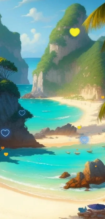 Scenic tropical beach with turquoise waters and lush green cliffs.