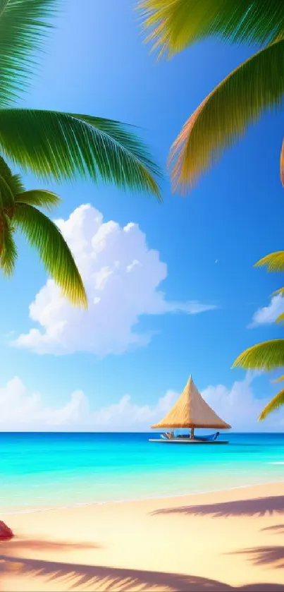 Tropical beach scene with palm trees and a straw hut against a blue sky.
