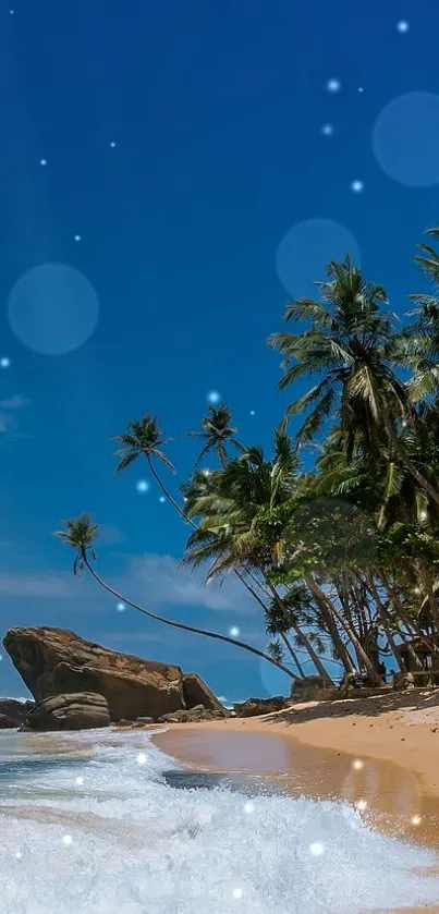 Tropical beach with palm trees and clear blue sky mobile wallpaper.