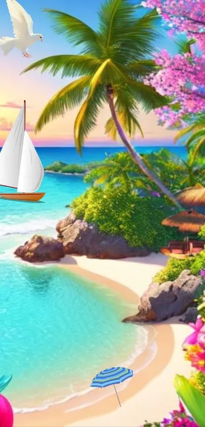 Tropical beach with palm trees and sailboat, vibrant colors and turquoise ocean.