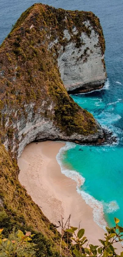 Beautiful tropical beach with turquoise water and lush cliffs.