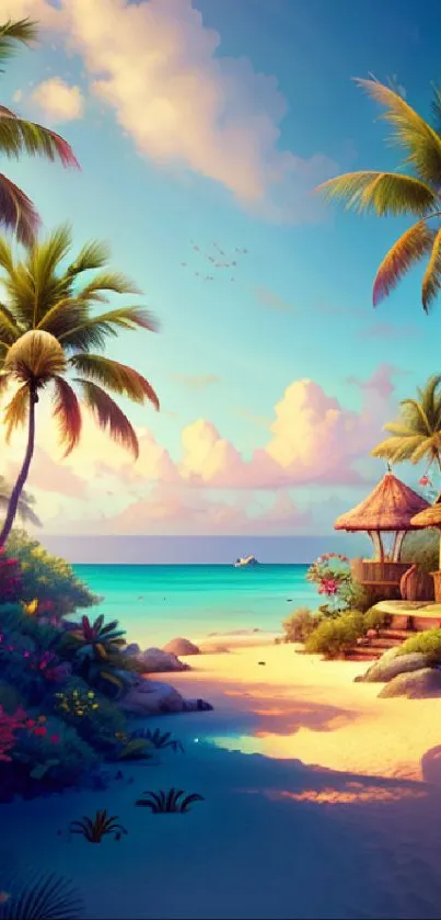 Tropical beach with palm trees, huts, and a serene blue ocean.