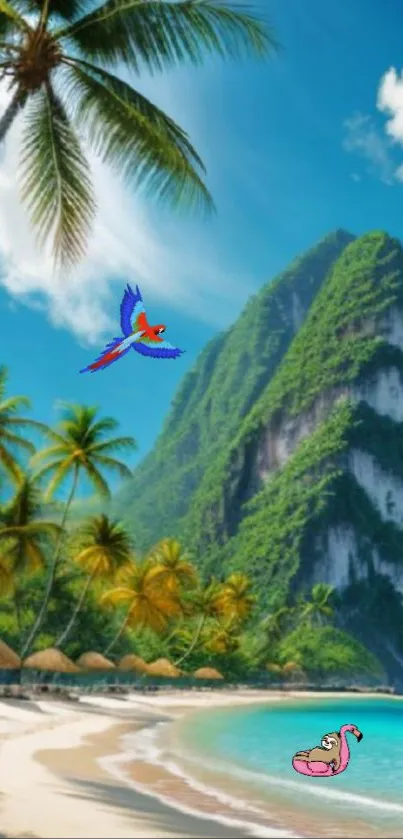 Tropical beach with palm trees, blue sky, and scenic mountain backdrop.