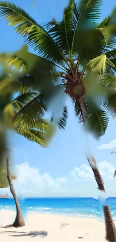 Tropical beach with palm trees and ocean view under a clear blue sky.