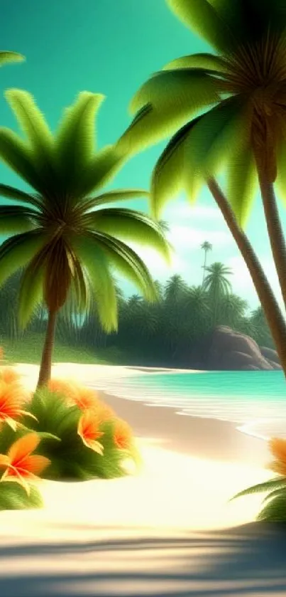 Tropical beach scene with palm trees and flowers.