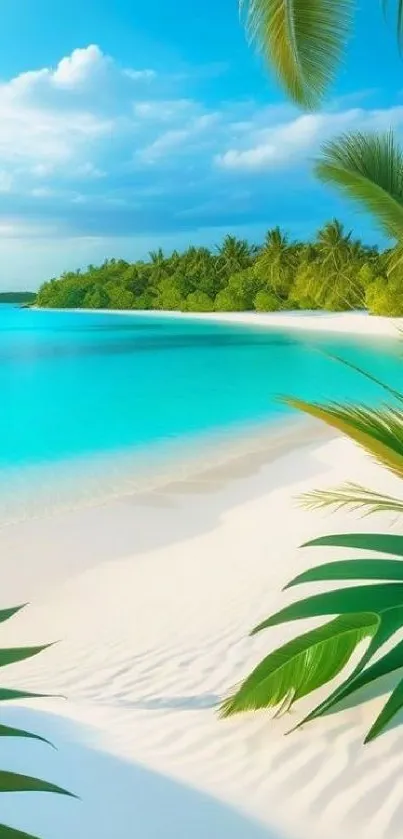 Tropical beach with palm leaves and turquoise water under a clear sky.